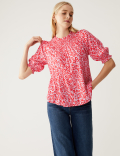 Cotton Blend Printed Shirred Blouse