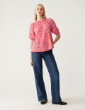 Cotton Blend Printed Shirred Blouse