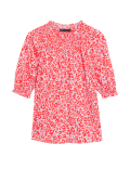 Cotton Blend Printed Shirred Blouse