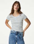 Cotton Rich Ribbed Striped Henley Top