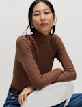 Cotton Blend Funnel Neck Long Sleeve Top