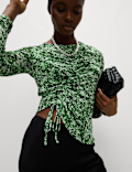 Long Sleeve Printed Ruched Mesh Top