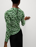 Long Sleeve Printed Ruched Mesh Top