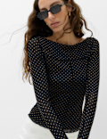 Mesh Jersey Polka Dot Slash Neck Top