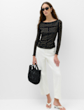 Mesh Jersey Polka Dot Slash Neck Top