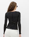 Mesh Jersey Polka Dot Slash Neck Top