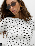 Mesh Jersey Polka Dot Slash Neck Top
