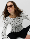 Mesh Jersey Polka Dot Slash Neck Top