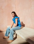 Pure Cotton V-Neck Frill Sleeve Blouse