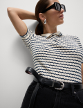 Cotton Blend Geometric Striped Polo Top