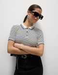 Cotton Blend Geometric Striped Polo Top