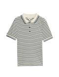 Cotton Blend Geometric Striped Polo Top