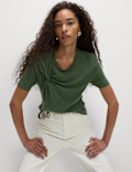 Linen Rich Crew Neck Twist Front T-Shirt