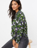 Floral Print Ruffle Neck Blouse