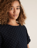 Polka Dot Frill Detail Short Sleeve Top