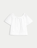 Pure Cotton Embroidered Tie Neck Top