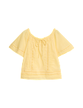 Pure Cotton Embroidered Tie Neck Top