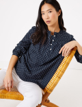 Cotton Rich Frill Neck Long Sleeve Blouse