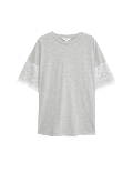 Cotton Blend Lace Sleeve T-Shirt