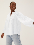 Pure Cotton V-Neck Blouson Sleeve Blouse