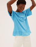 Pure Cotton Broderie Detail Crew Neck Top