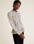 Printed Frill Neck Long Sleeve Peplum Top