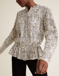 Printed Frill Neck Long Sleeve Peplum Top