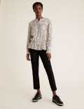 Printed Frill Neck Long Sleeve Peplum Top
