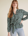 Floral Tie Neck Long Sleeve Peplum Top