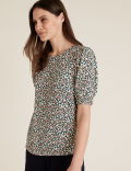 Floral Round Neck Puff Sleeve Top