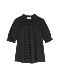 Cotton Blend Crew Neck Smocked Blouse
