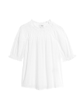 Cotton Blend Crew Neck Smocked Blouse