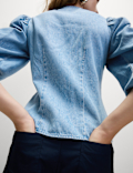 Denim Button Through Puff Sleeve Blouse