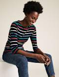 Cotton Striped Slash Neck Fitted Top