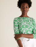 Cotton Rich Printed Slash Neck Fitted Top