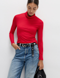 Funnel Neck Long Sleeve Slim Fit Top with Wool
