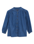 Denim Collarless Puff Sleeve Shirt