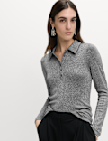 Sparkly Collared Button Detail Long Sleeve Top