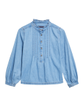 Pure Cotton Pleated Mandarin Collar Top