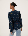 Printed V-Neck Tie Front Blouse
