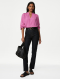 Collarless Regular Fit Long Sleeve Blouse