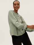 Pure Cotton Smocked Detail Long Sleeve Top