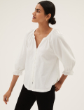 Pure Cotton V-Neck 3/4 Sleeve Blouse