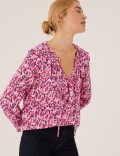 Floral Tie Neck Ruffle Long Sleeve Blouse