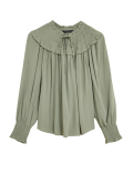 Tie Neck Smocked Long Sleeve Blouse