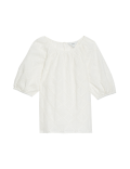 Pure Cotton Broderie Puff Sleeve Blouse