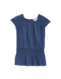 Crew Neck Smocked Shirred Detail Blouse