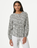 Pure Cotton Printed Crew Neck Tie Front Blouse