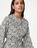 Pure Cotton Printed Crew Neck Tie Front Blouse