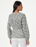 Pure Cotton Printed Crew Neck Tie Front Blouse